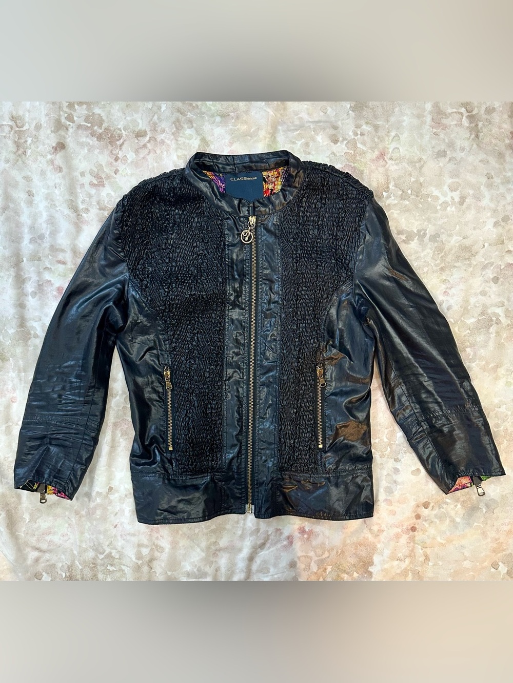 Class Roberto Cavalli Black Textured Front Leather Jacket